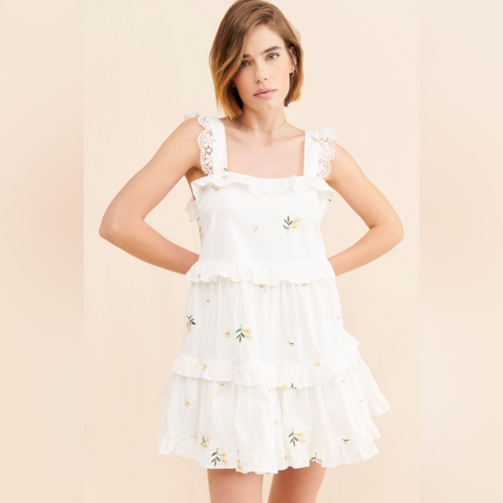 Anthropologie g.p.d Tiered Embroidered Floral Mini Dress - Size Small